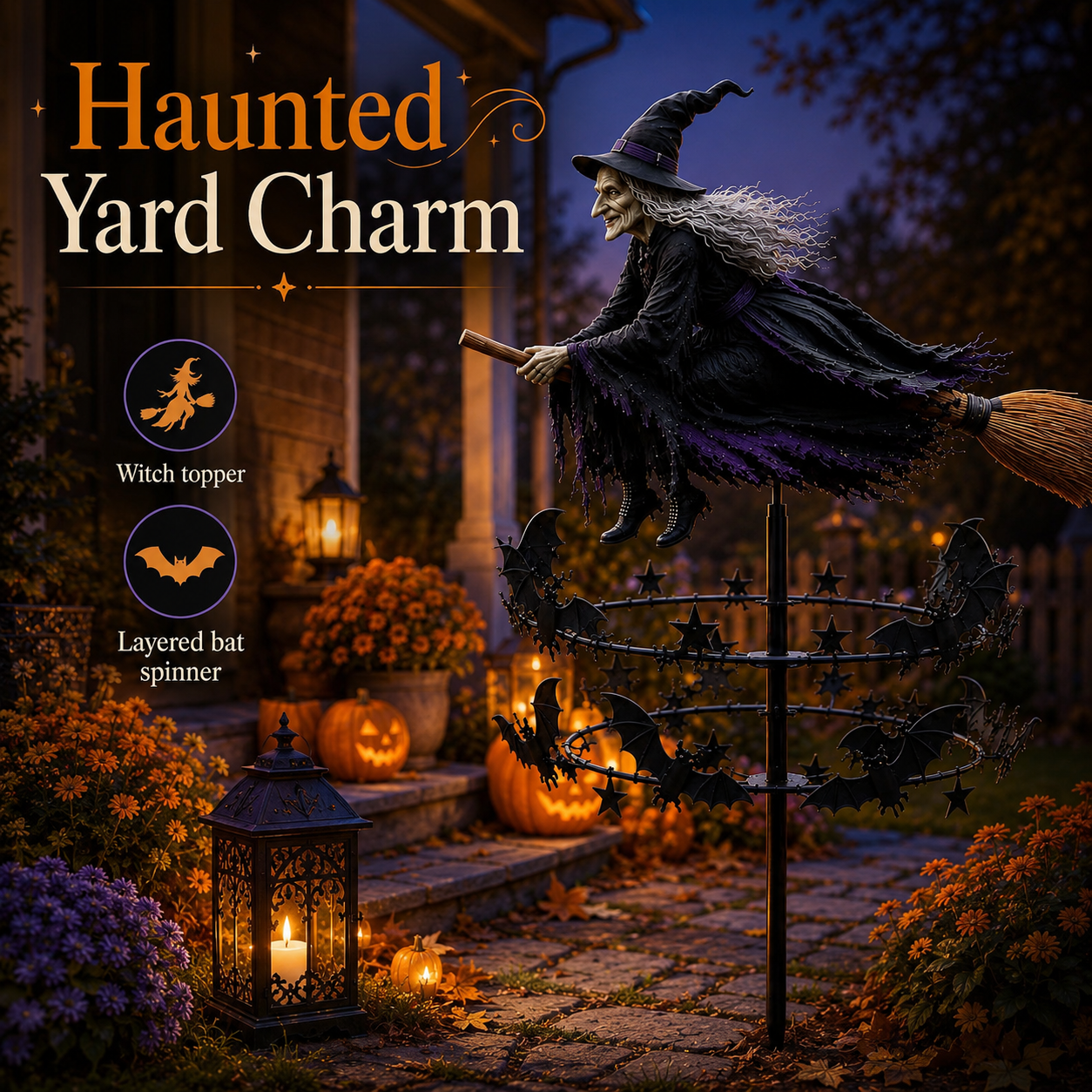 🔥49% OFF Last Day🧙‍♀️ Enchanted Witch Garden Spinner – Halloween Flying Witch & Bat Yard Stake Decor