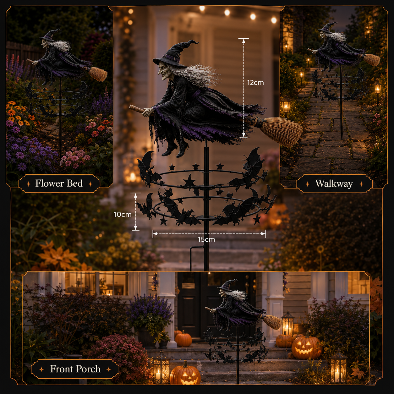 🔥49% OFF Last Day🧙‍♀️ Enchanted Witch Garden Spinner – Halloween Flying Witch & Bat Yard Stake Decor