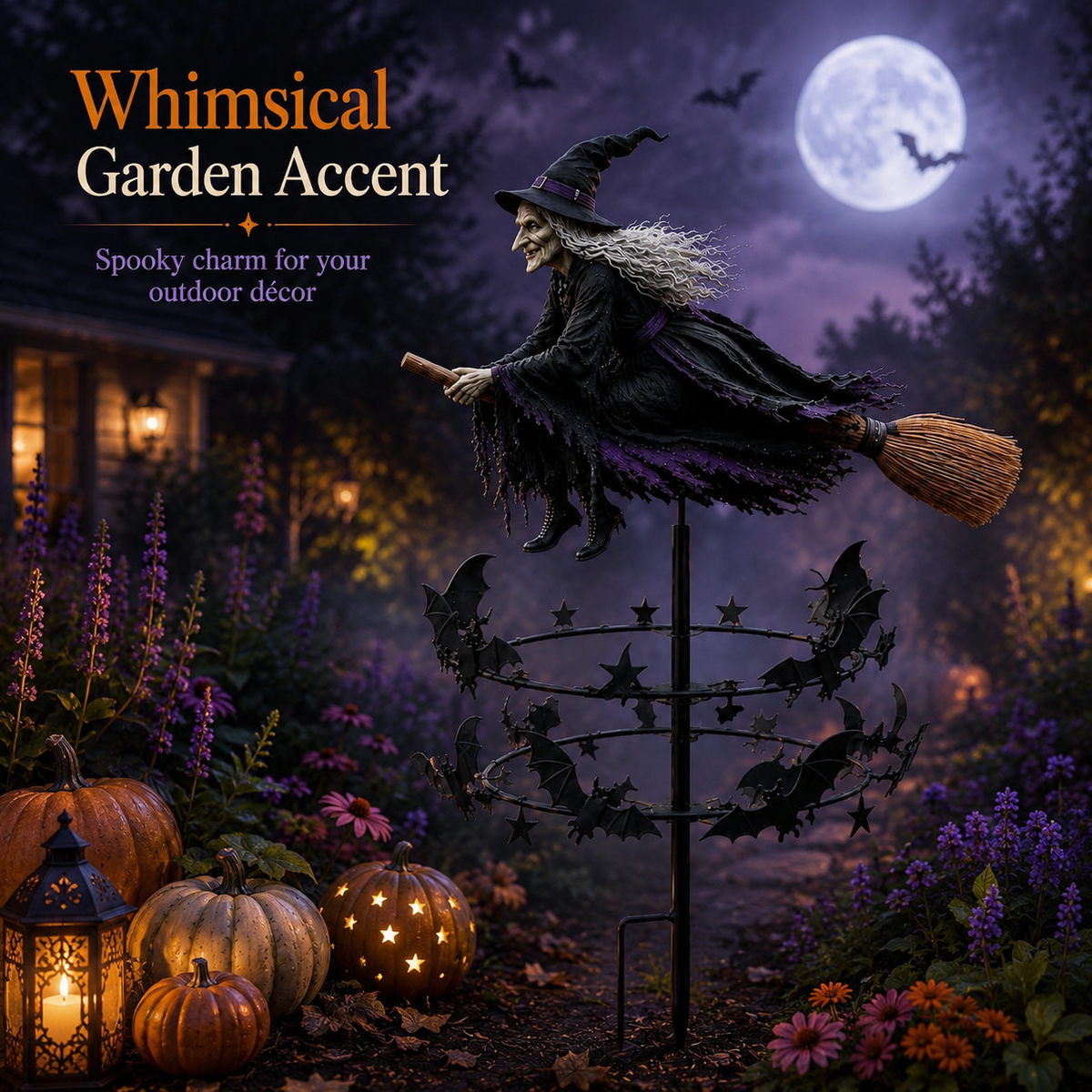🔥49% OFF Last Day🧙‍♀️ Enchanted Witch Garden Spinner – Halloween Flying Witch & Bat Yard Stake Decor