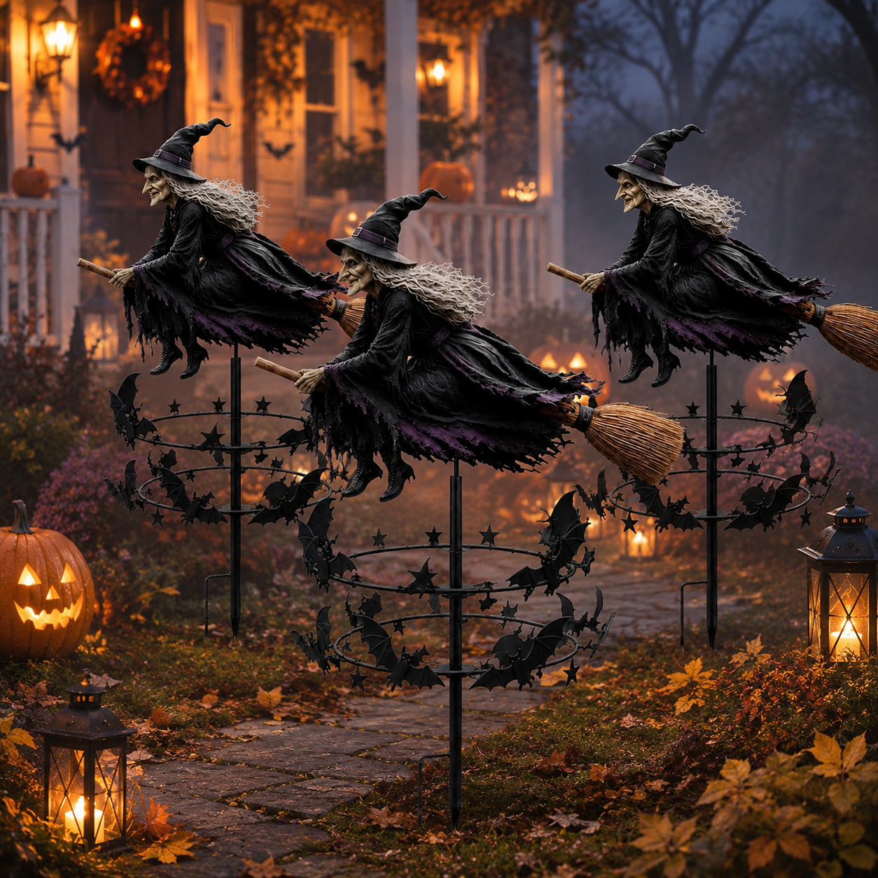 🔥49% OFF Last Day🧙‍♀️ Enchanted Witch Garden Spinner – Halloween Flying Witch & Bat Yard Stake Decor