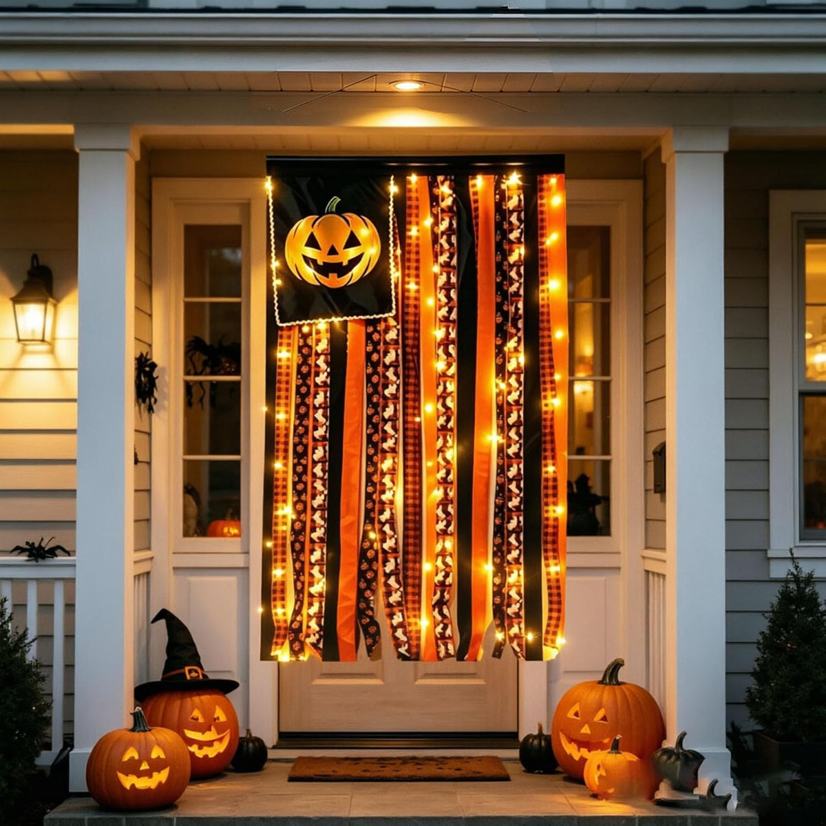Halloween Pumpkin Ghost Bat Cotton Tassel Wall Banner - Vintage Fabric Hanging Decor For Window, Entryway & Party Display