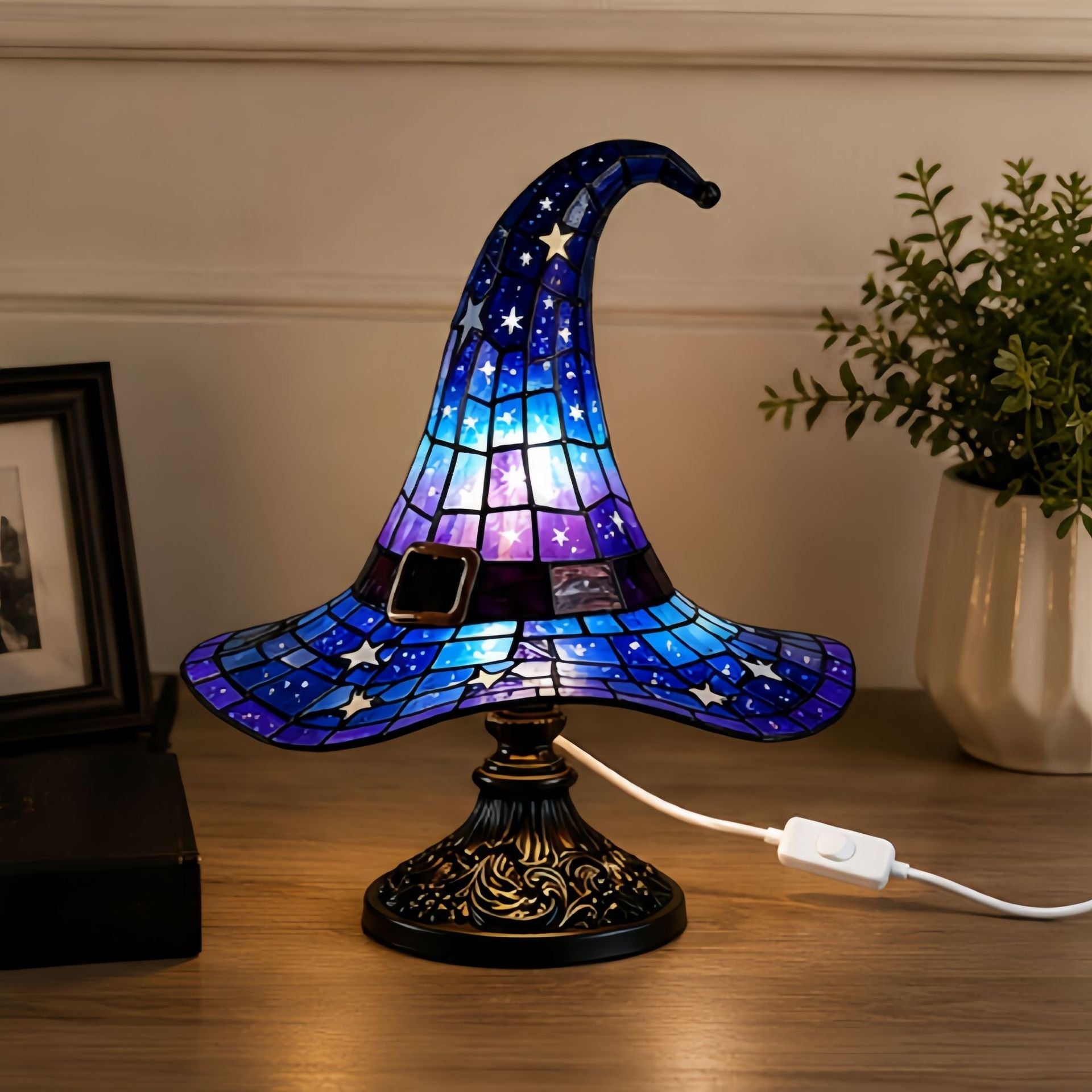 Witch Hat Lamps - Handcrafted Stained Gothic Wizard Hat Lights for Decor