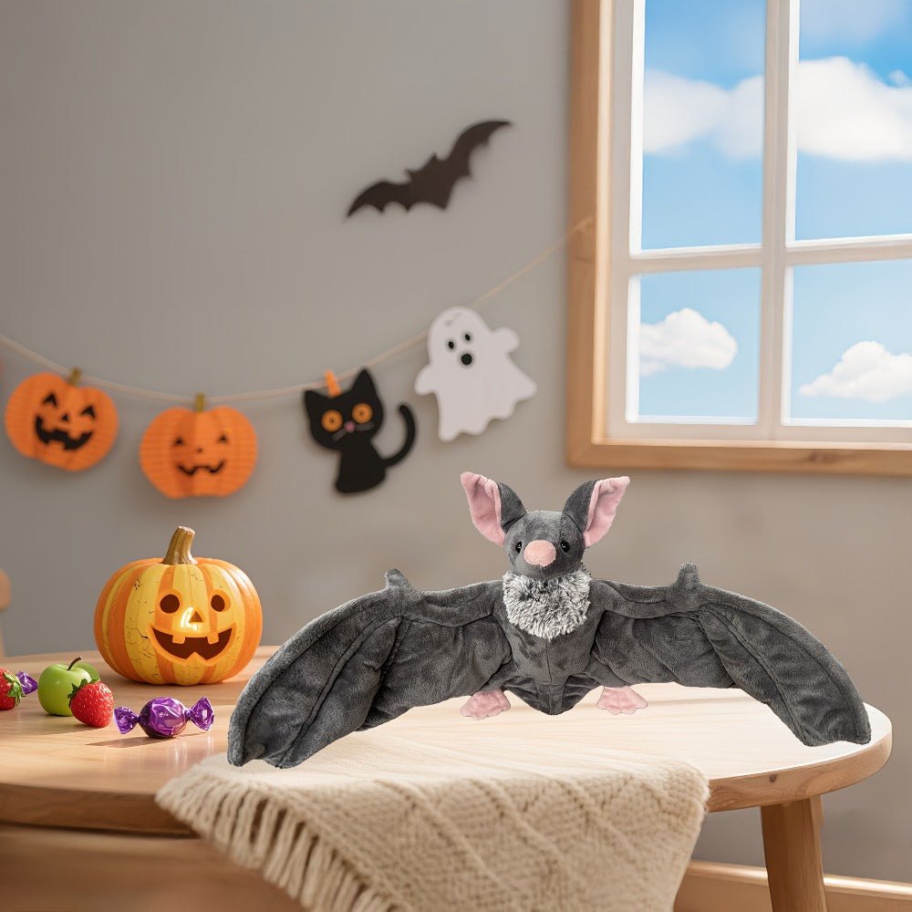 Giant Bat Plush Stuffed Animal 23 Inch Wingspan Soft Grey Spooky Bat Toy Halloween Decor Gift for Kids Adults Bat Lovers Gothic Fans Animal Lovers