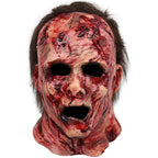 Bloody Decayed Face Full-Head Halloween Mask with Dark Hair, Open Eyes and Mouth for Adult Horror Costumes