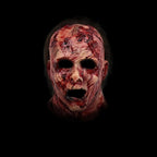 Bloody Decayed Face Full-Head Halloween Mask with Dark Hair, Open Eyes and Mouth for Adult Horror Costumes