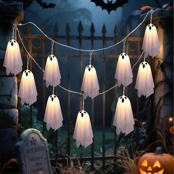 Halloween Ghost Decor - 10 LED Battery Operated Halloween Decorations Lights, 8 Modes Light Up Ghost Garland, LED String Lights Indoor Outdoor for Party, Haunted House, Fireplace, Porch, Window Decor
