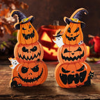 Two-Piece Halloween Pumpkin Stack Tabletop Decoration Set with Witch Hats, Ghost Accents and Glitter-Look Finish