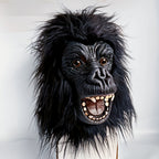 Black Gorilla Full-Head Costume Mask in Open-Eye or Eyeless Styles with Shaggy Fur and Open Mouth