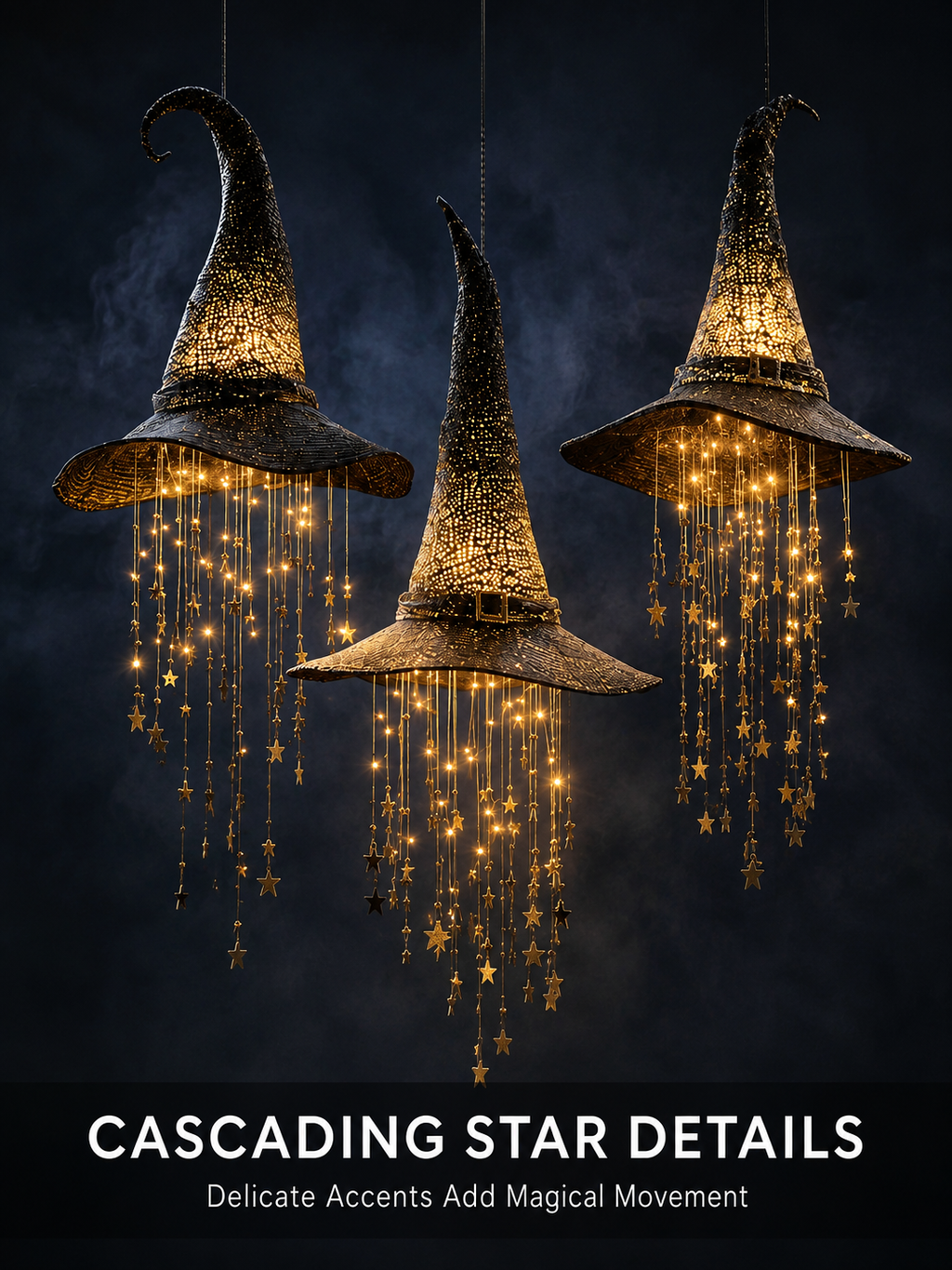 3-Piece Lighted Witch Hat Set with Cascading Stars