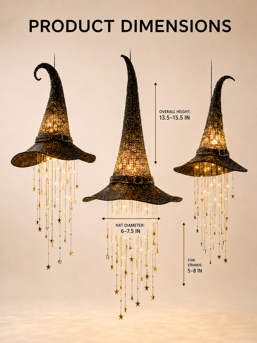 3-Piece Lighted Witch Hat Set with Cascading Stars