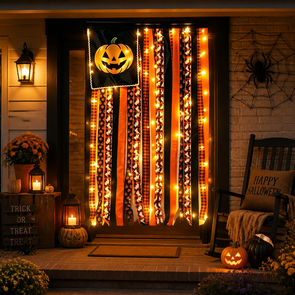 Halloween Pumpkin Ghost Bat Cotton Tassel Wall Banner - Vintage Fabric Hanging Decor For Window, Entryway & Party Display