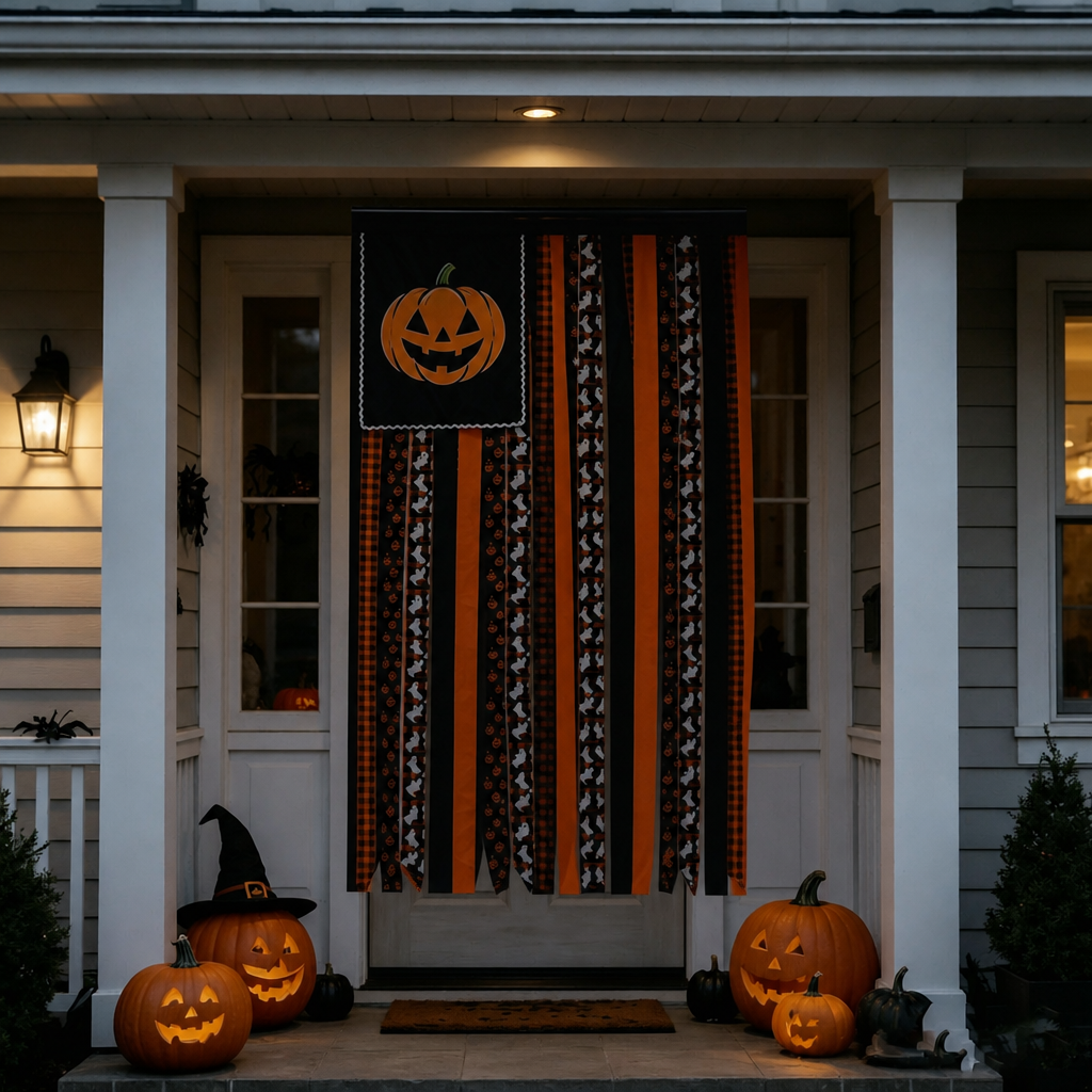 Halloween Pumpkin Ghost Bat Cotton Tassel Wall Banner - Vintage Fabric Hanging Decor For Window, Entryway & Party Display