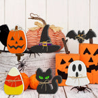 Six-Piece Halloween Freestanding Table Sign Set with Pumpkin, Ghost, Bat, Black Cat, Witch Hat and Candy Corn