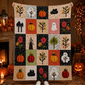 Ghost Pumpkin Floral Tree Mushroom Patchwork Flannel Throw Blanket