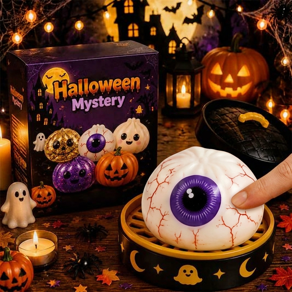 2026 Halloween Glitter Spooky Dumpling Squishy Stress Ball with Steamer Base